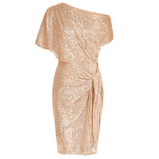 Cocktail Dresses for Women Sequined Party Dress Summer Ruched Short Sleeve Asymmetric off Shoulder Bodycon Dress Vestidos