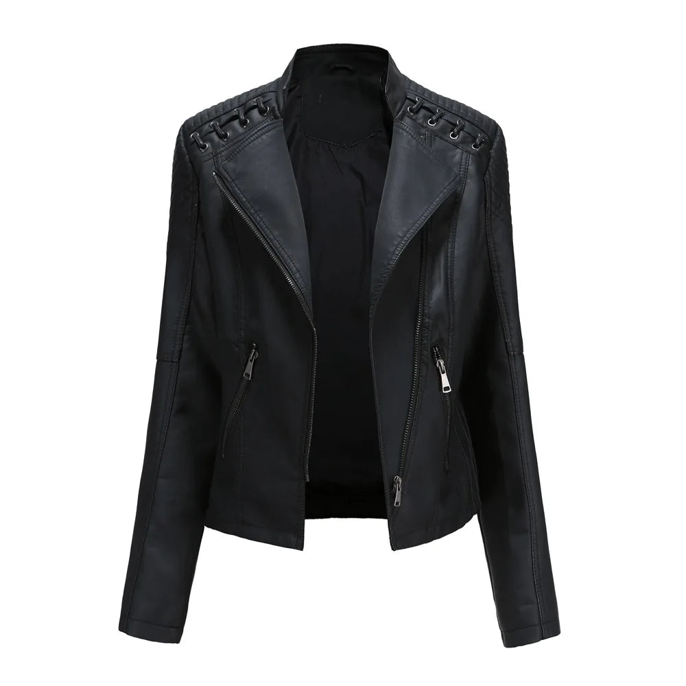 New Spring Autumn Women Faux Leather Jacket Pu Motorcycle Biker Purple Coat Slim Zipper Motorcycles Locomotive Outerwear 4XL