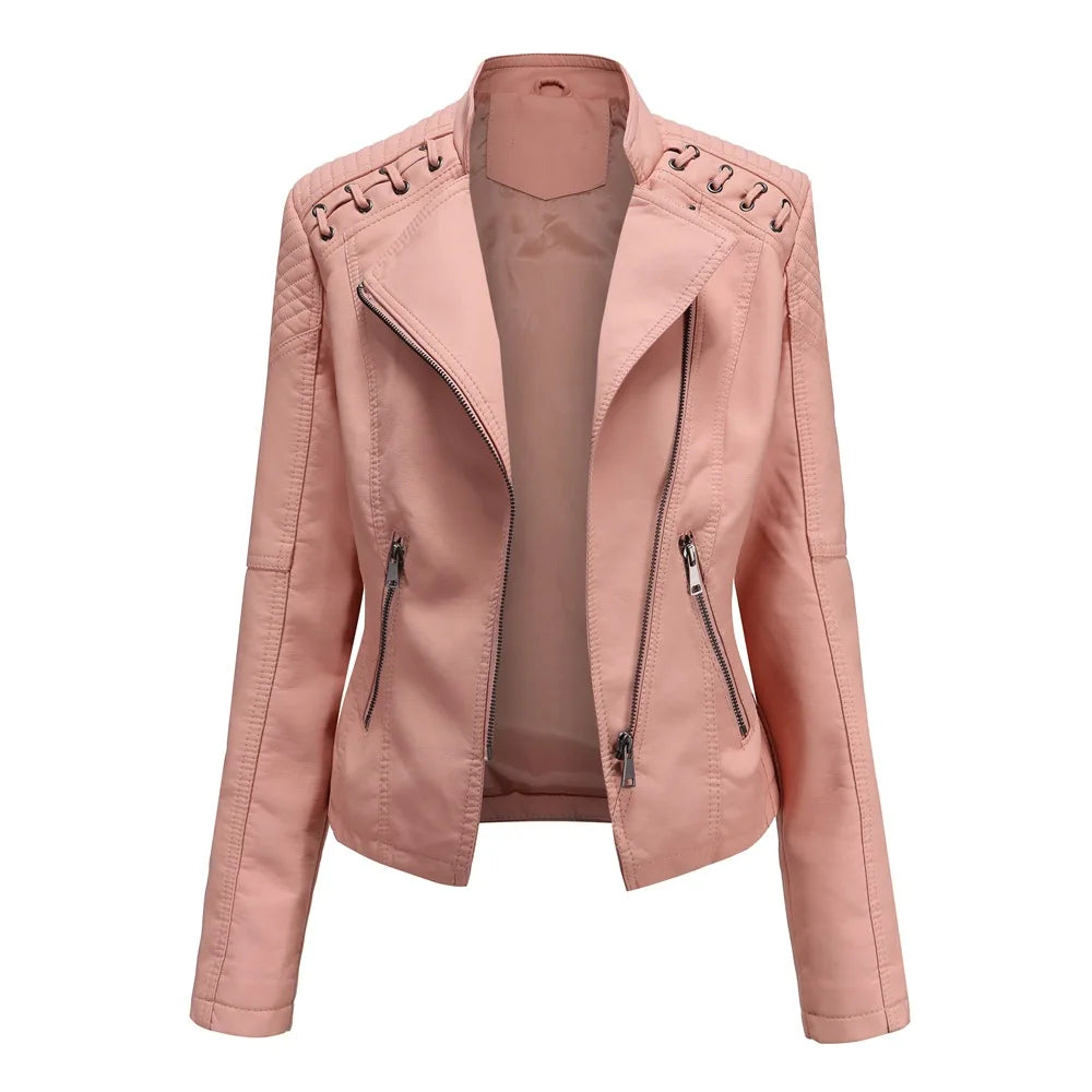 New Spring Autumn Women Faux Leather Jacket Pu Motorcycle Biker Purple Coat Slim Zipper Motorcycles Locomotive Outerwear 4XL